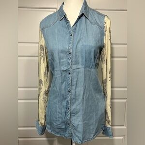 Zara Trafaluc Denim Button Down Shirt Leopard Print Sleeves Western Style Medium